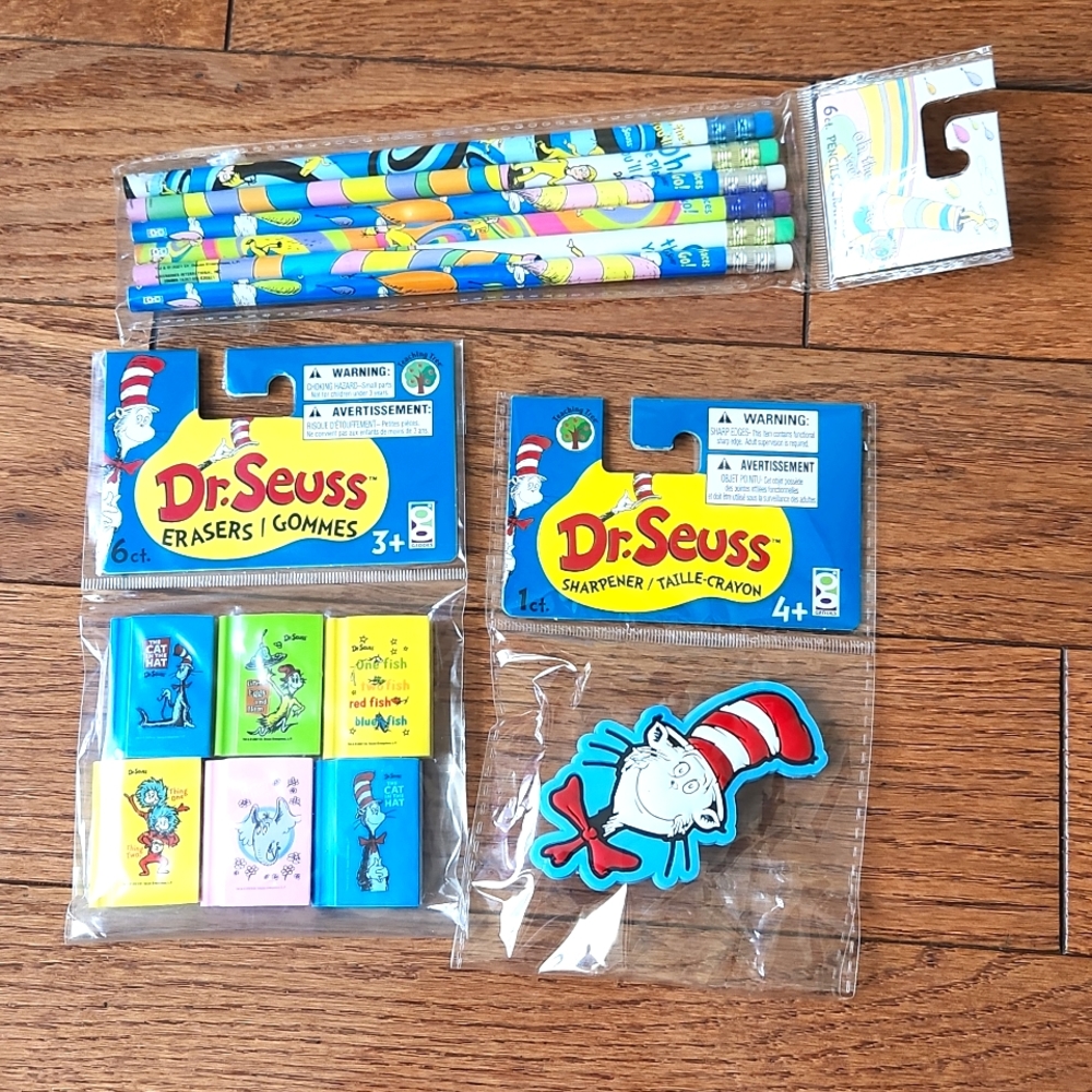 Dr. Seuss bundle  6 Pencils, 6 Erasers, 1 Pencil Sharpenir